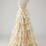 Strapless Yellow Blue Flower A Line Tiered Ruffle Corset Long Prom Dress with Slit