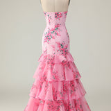 Pink Flower Strapless Tiered Mermaid Long Prom Dress with Ruffles