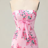 Pink Flower Strapless Tiered Mermaid Long Prom Dress with Ruffles