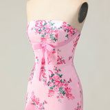 Pink Flower Strapless Tiered Mermaid Long Prom Dress with Ruffles