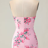 Pink Flower Strapless Tiered Mermaid Long Prom Dress with Ruffles