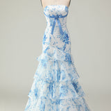 Pink Flower Strapless Tiered Mermaid Long Prom Dress with Ruffles