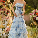 Pink Flower Strapless Tiered Mermaid Long Prom Dress with Ruffles