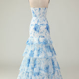 Pink Flower Strapless Tiered Mermaid Long Prom Dress with Ruffles