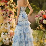 Pink Flower Strapless Tiered Mermaid Long Prom Dress with Ruffles