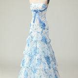 Pink Flower Strapless Tiered Mermaid Long Prom Dress with Ruffles