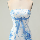 Pink Flower Strapless Tiered Mermaid Long Prom Dress with Ruffles