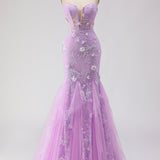 Purple Strapless Mermaid Lace Corset Long Prom Dress with Beading
