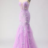 Purple Strapless Mermaid Lace Corset Long Prom Dress with Beading