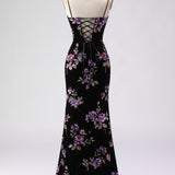 Black Sequin Mermaid Velvet Spaghetti Straps Long Prom Dress with Slit