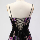 Black Sequin Mermaid Velvet Spaghetti Straps Long Prom Dress with Slit