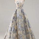 Dusty Blue Floral Strapless Corset A Line Long Prom Dress with Slit