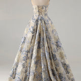 Dusty Blue Floral Strapless Corset A Line Long Prom Dress with Slit