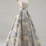 Dusty Blue Floral Strapless Corset A Line Long Prom Dress with Slit