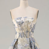 Dusty Blue Floral Strapless Corset A Line Long Prom Dress with Slit