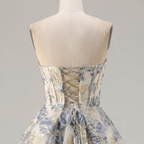 Dusty Blue Floral Strapless Corset A Line Long Prom Dress with Slit