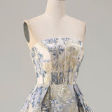 Dusty Blue Floral Strapless Corset A Line Long Prom Dress with Slit