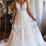 Ivory Boho A-Line Long Tulle Wedding Dress with Appliques