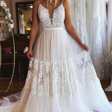 Ivory Boho A-Line Long Tulle Wedding Dress with Appliques