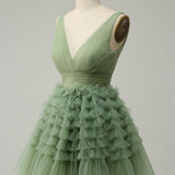 V-neck Sage Green  Muiti-Layer A-line Short Homecoming Dress