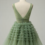 V-neck Sage Green  Muiti-Layer A-line Short Homecoming Dress