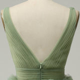 V-neck Sage Green  Muiti-Layer A-line Short Homecoming Dress