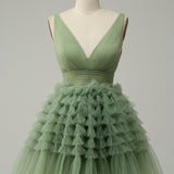 V-neck Sage Green  Muiti-Layer A-line Short Homecoming Dress