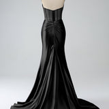 Blush Pink Mermaid Strapless Pleated Corset Long Prom Dress with Slit