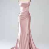 Blush Pink Mermaid Strapless Pleated Corset Long Prom Dress with Slit