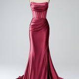 Blush Pink Mermaid Strapless Pleated Corset Long Prom Dress with Slit