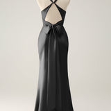 Pink Mermaid V Neck Satin Long Bridesmaid Dress