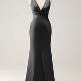 Pink Mermaid V Neck Satin Long Bridesmaid Dress