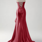 Sparkly Grey Blue Mermaid Strapless Ruffle Corset Satin Long Prom Dress with Slit