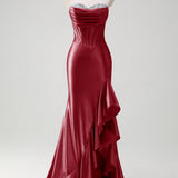 Sparkly Grey Blue Mermaid Strapless Ruffle Corset Satin Long Prom Dress with Slit