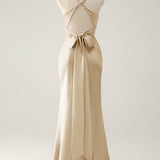 Pink Mermaid V Neck Satin Long Bridesmaid Dress