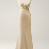 Pink Mermaid V Neck Satin Long Bridesmaid Dress