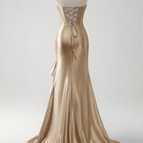 Sparkly Grey Blue Mermaid Strapless Ruffle Corset Satin Long Prom Dress with Slit