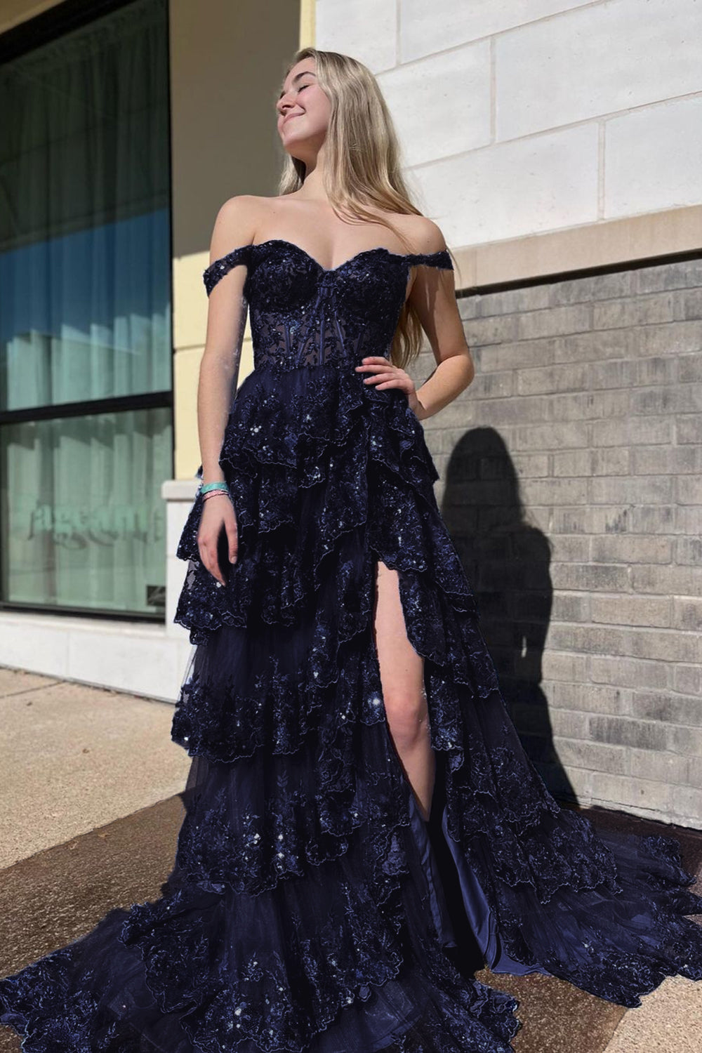 Nola | Glitter Lavender A-Line Lace Off The Shoulder Long Tiered Prom Dress With Split