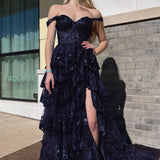 Nola | Glitter Lavender A-Line Lace Off The Shoulder Long Tiered Prom Dress With Split