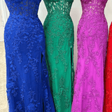 Luma | Hot Pink Mermaid Strapless Corset Lace Long Prom Dress with Slit