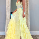 Kali | A-Line Yellow Chiffon Sweetheart Lace Long Prom Dress With Slit