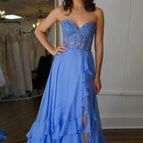 Kali | A-Line Yellow Chiffon Sweetheart Lace Long Prom Dress With Slit