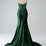 Blush Pink Mermaid Strapless Pleated Corset Long Prom Dress with Slit