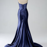 Blush Pink Mermaid Strapless Pleated Corset Long Prom Dress with Slit