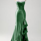 Sparkly Grey Blue Mermaid Strapless Ruffle Corset Satin Long Prom Dress with Slit