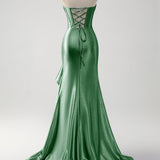 Sparkly Grey Blue Mermaid Strapless Ruffle Corset Satin Long Prom Dress with Slit