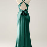 Pink Mermaid V Neck Satin Long Bridesmaid Dress