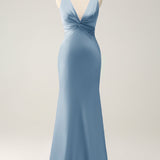 Pink Mermaid V Neck Satin Long Bridesmaid Dress