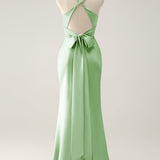 Pink Mermaid V Neck Satin Long Bridesmaid Dress