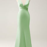 Pink Mermaid V Neck Satin Long Bridesmaid Dress